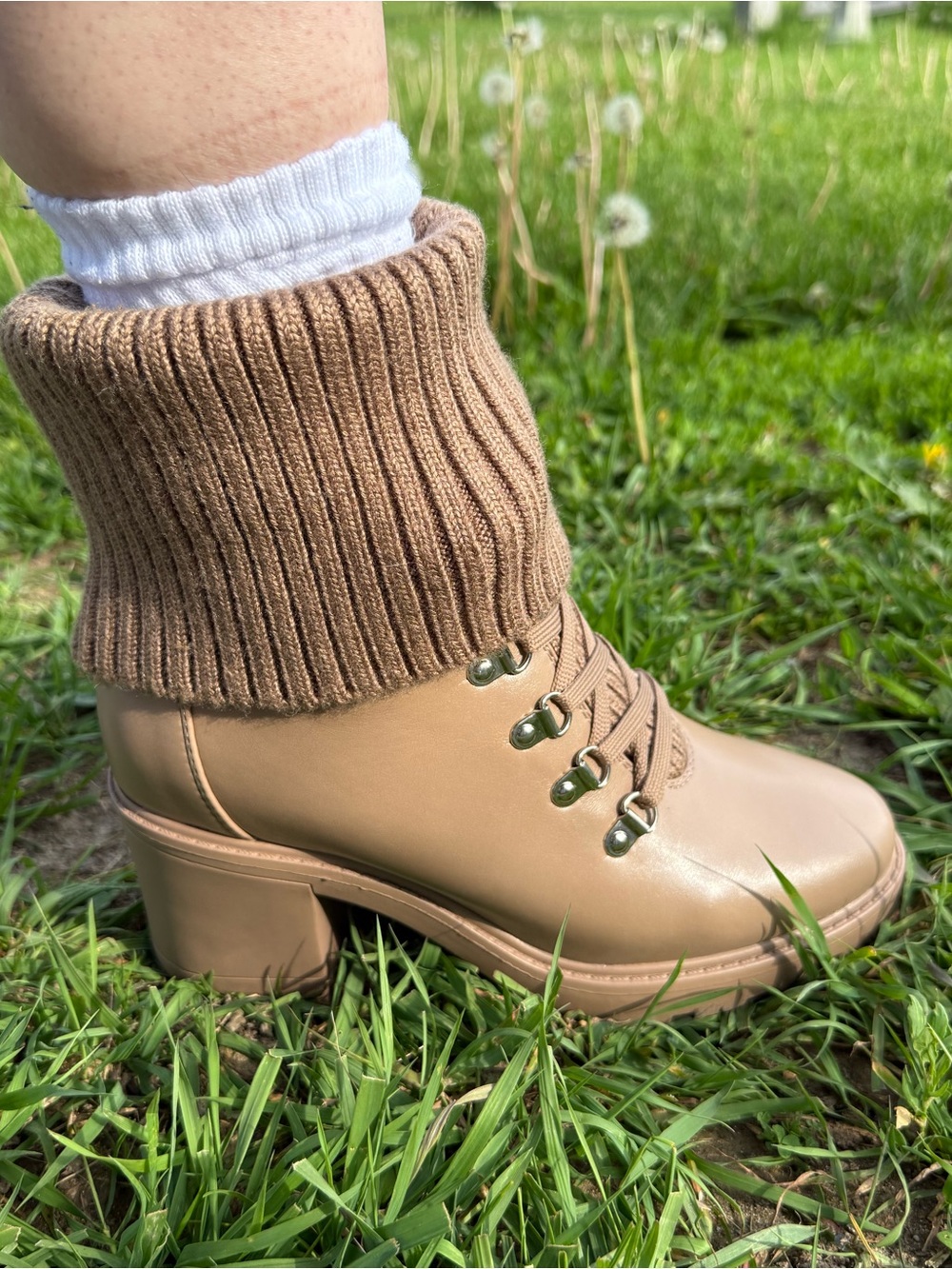 JustFab Camber Fold-Over Chunky Heel Lace-Up Ankle Boots with Knit Cuff - Beige